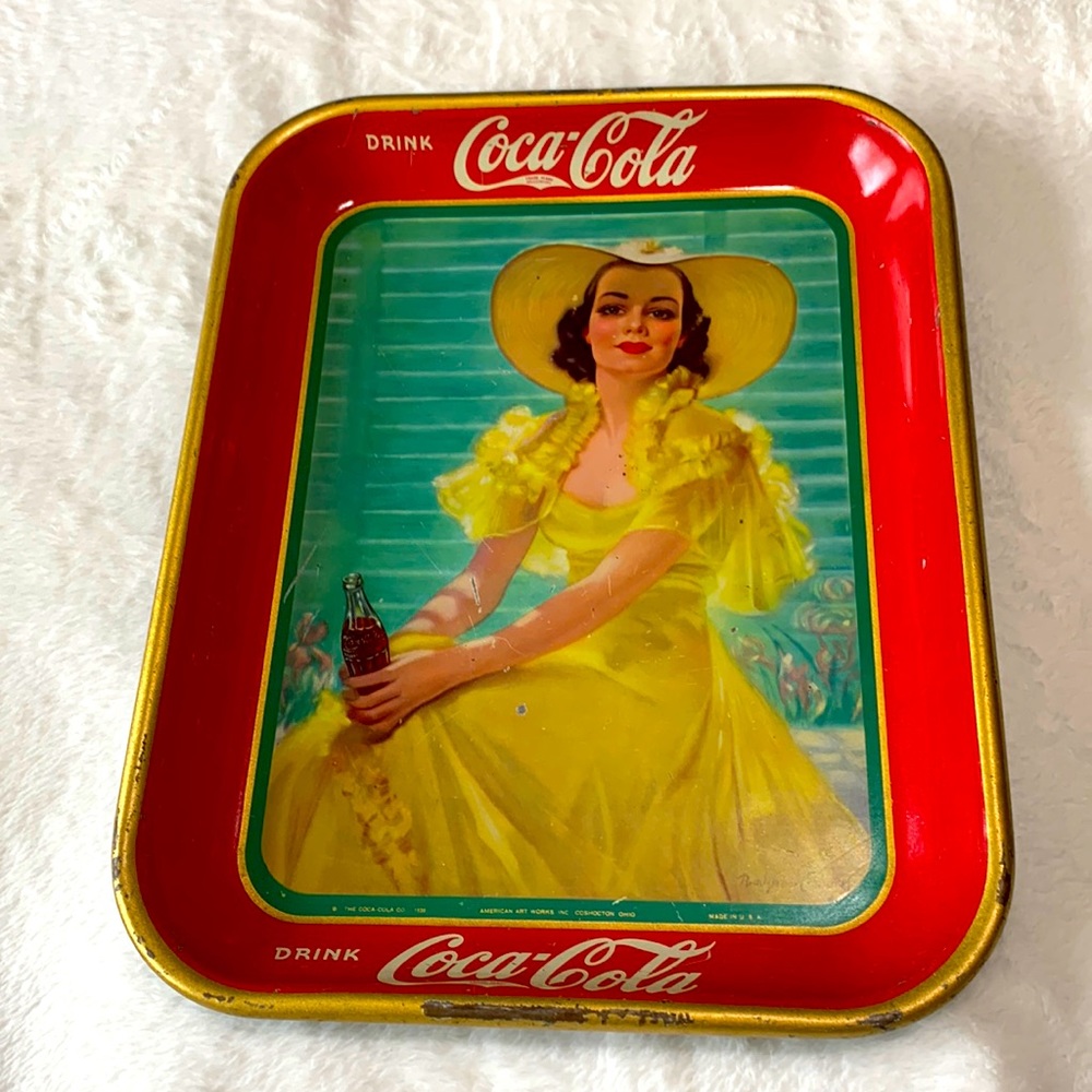 Coca-Cola lady yellow dress metal Tray vintage